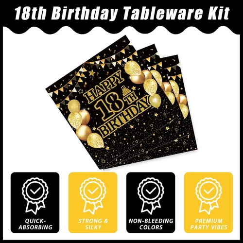 Miniatura 4 de Kepeel Juego de 96 piezas de vajilla para fiesta de cumpleaños número 18, decoraciones de fiesta de cumpleaños negro dorado Es Hora de Ser Adulto