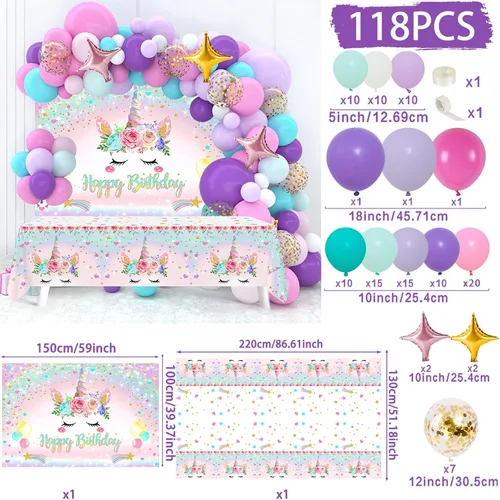 Miniatura 2 de Decoraciones de cumpleaños de unicornio para niñas, 118 piezas, suministros de fiesta temática de unicornio con kit de arco de guirnalda de globos