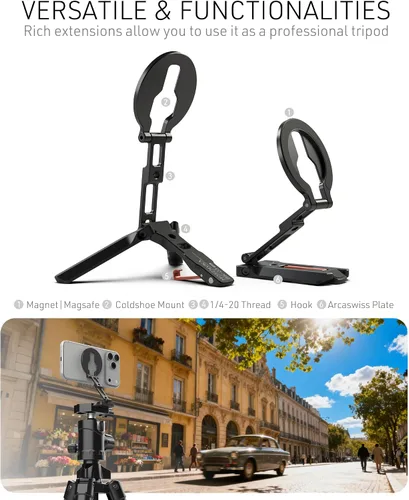 Miniatura 5 de Soporte magnético para teléfono, [ultrafino] trípode magnético para iPhone con Arca-Swiss & Cold Shoe y tornillo de 1/4 pulgadas y diseño de gancho