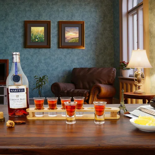 Miniatura 5 de D&Z Vasos de chupito de 1 oz con soporte, juego de vasos de chupito en bandeja de madera de bambú, 6 vasos de chupito de base pesada para whisky