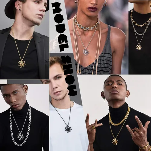 Miniatura 2 de PROSTEEL Collar de acero inoxidable con diente de tiburónpulpolobo para hombres y mujeres, tono negrodoradoplateado, collar punk rock, ajustable
