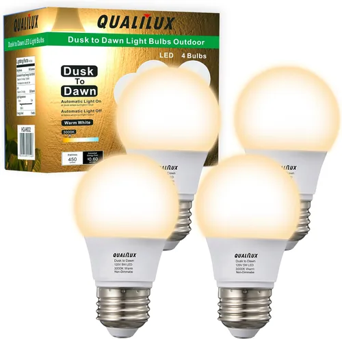Qualilux Bombillas LED pequeñas A15 de Dusk to Dawn para exteriores, 450 lúmenes, blanco cálido, 5 W = 40 W, encendido y apagado automático,
