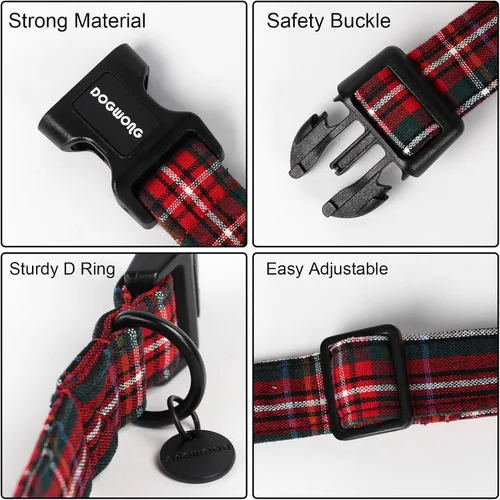 Miniatura 3 de DOGWONG Collar navideño de algodón para perro, collar de perro a cuadros rojos resistente, duradero, suave, collar de perro para mascotas, lindo
