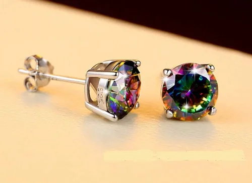 Miniatura 2 de LVTING - Aretes de plata de ley 925 con circonita cúbica redonda y cuadrada de corte brillante, hipoalergénicos, cuarzo, arcoíris, coloridos regalos