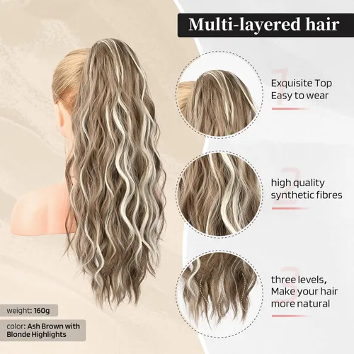Miniatura 2 de FLUFYMOOZ Extensión de cola de caballo de 22 pulgadas, extensiones de cabello sintético ondulado largo y rizado para mujer