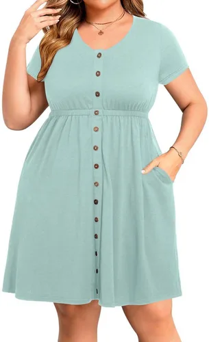 Miniatura 18 de Holipick Vestidos de verano para mujer, talla grande, casual, con bolsillos, acampanado, con botones, sin mangas, cuello en V