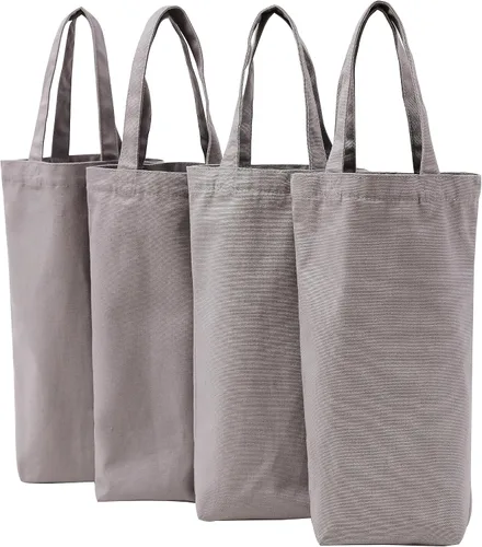 Bolsa de vino, 10 x 7 x 2 pulgadas, 4 bolsas reutilizables de lona de algodón con etiqueta de cordón Gris
