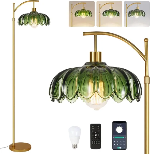Miniatura 9 de Lámpara de pie dorada para sala de estar con 3 temperaturas de color, lámparas de pie bohemias de arco con control remoto, lámpara de pie de ratán