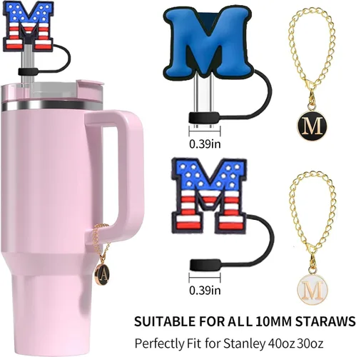 Miniatura 2 de Haundry Paquete de 4 fundas de popote para vaso Stanley, reutilizable, de 0.394 pulgadas con 2 piezas de dije de letra inicial, accesorios para copa