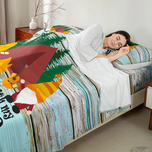 Miniatura 4 de Sábanas de campamento para niños, tamaño individual, sábanas de gnomos kawaii para niños y niñas, juego de ropa de cama vintage de madera de granja