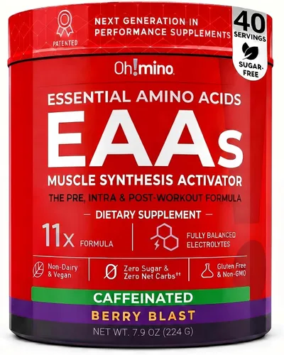 Miniatura 12 de Ohmino BCAA + EAA en polvo, suplemento de aminoácidos, bayas, 40 porciones Los 9 aminoácidos esenciales, fórmula patentada, electrolitos