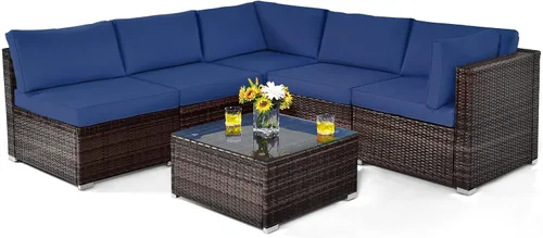 Tangkula Juego de muebles de patio de 6 piezas, juego de conversación de mimbre para exteriores con mesa de café de cristal, juego de sofá de mimbre
