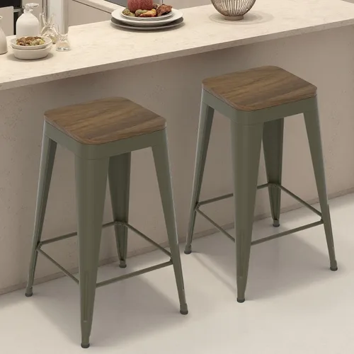 Miniatura 17 de Juego de 4 taburetes de bar de metal, taburetes de bar con respaldo alto con asiento de madera, taburetes de bar negros de 24 pulgadas para isla