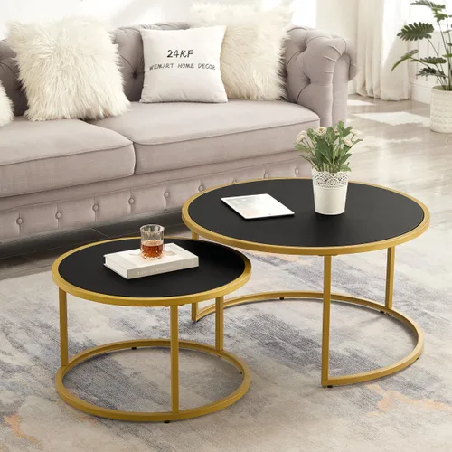 Miniatura 7 de 24KF Moderna mesa de centro redonda de piel sintética con base de metal negro, mesa de té decorativa para sala de estar, juego de 2, color marrón