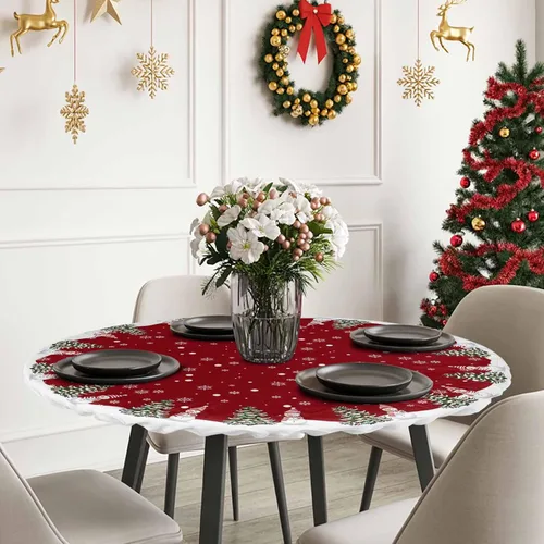 Miniatura 3 de Mantel redondo de Navidad de 55 a 60 pulgadas, impermeable, reutilizable, mantel elástico redondo ajustable para fiestas al aire libre, copo