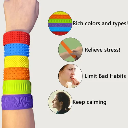 Miniatura 5 de Paquete de 6 juguetes para ansiedad, pulseras para autismo, juguete sensorial calmante para necesidades especiales, juguetes sensoriales de silicona