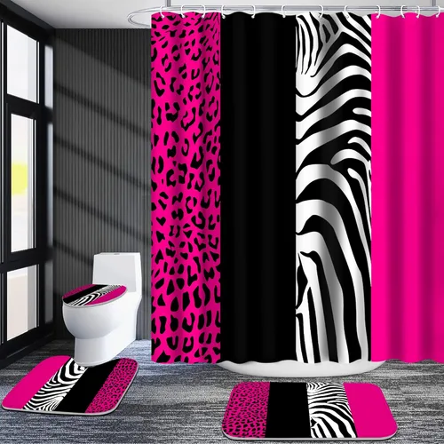 Miniatura 5 de Poedist - Juego de cortinas de ducha para baño, 4 piezas, estampado de leopardo rosa, estilo brillante, incluye cortinas de ducha y tapetes