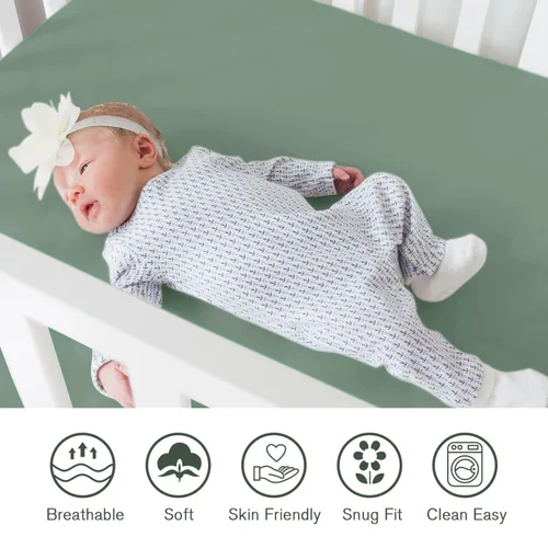 Miniatura 3 de Little Grape Land Sábanas para cuna para niños y niñas, 2 unidades, sábana bajera ajustable para cuna de tamaño estándar y colchón para niños Verde