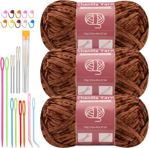 Miniatura 18 de LUNARM Hilado de chenilla para tejer y hacer ganchillo, 3 madejas de 240 metros de hilo grueso, suave y voluminoso, para tejer mantas, ropa y Beige