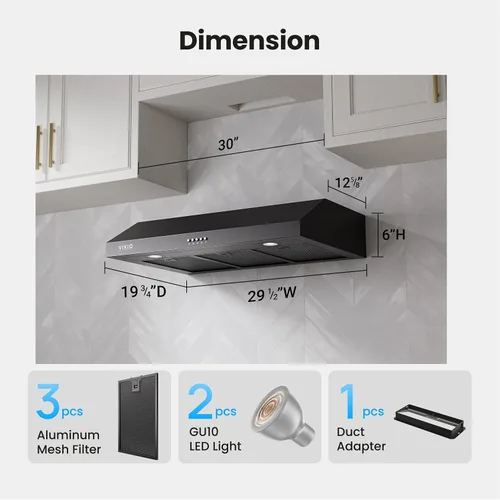 Miniatura 9 de VIKIO HOME Campana extractora para debajo del gabinete de 30 pulgadas, ventilación de cocina de doble motor de 580 CFM con luces LED, control