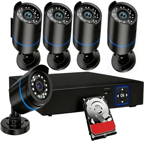 3000TVL - Kit de cámara DVR de vigilancia para el hogar, 4 cámaras de visión nocturna IP PoE con cable de 5MP PoE con detección de vehículos AI