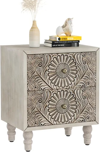 Miniatura 17 de SUNBURY Juego de 2 mesitas de noche vintage, mesa de noche pequeña de madera con cajón y estante abierto, mesa auxiliar de acento shabby para sala