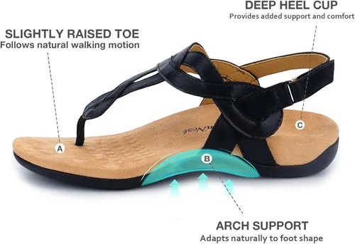 Miniatura 5 de Sandalias ortopédicas para caminar cómodas con soporte de arco para mujer, correa ortopédica en T, sandalias planas de verano para mujer