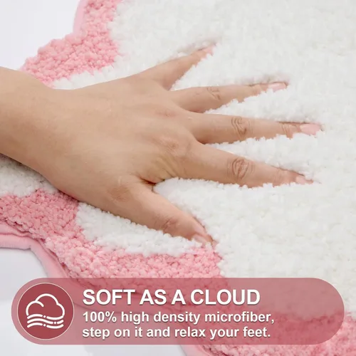 Miniatura 4 de ORTIGIA Pequeña y Linda Alfombra de Baño con Volados, Alfombras de Baño de Microfibra de Lujo en Blanco y Rosa, Antideslizante, Lavable, de Secado