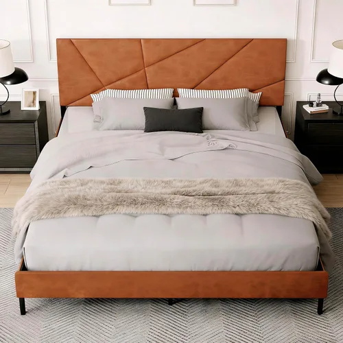 Miniatura 6 de Estructura de cama con plataforma tapizada de tamaño completo con cabecera acolchada de piel sintética, soporte de listones de metal resistente,
