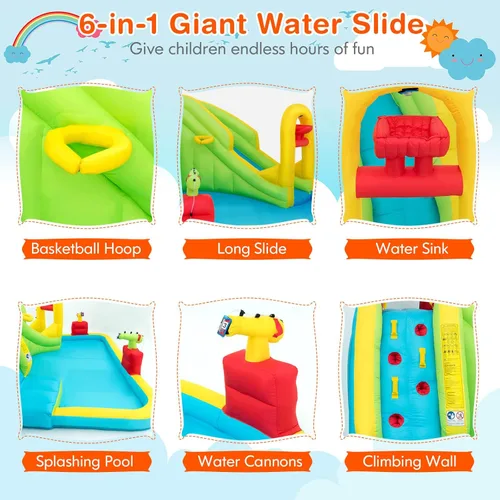 Miniatura 3 de HONEY JOY Tobogán acuático inflable, parque acuático inflable 7 en 1 para patio trasero de niños, piscina de chapoteo, pared de escalada, toboganes