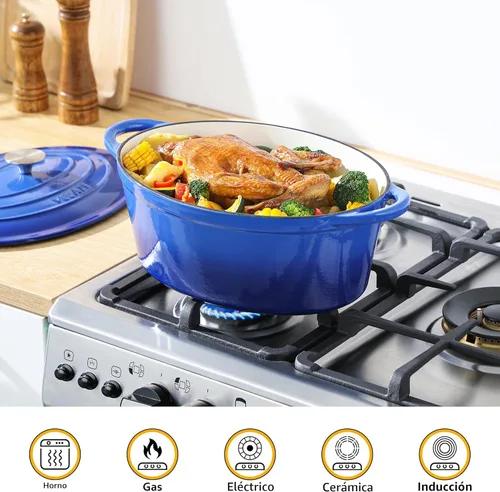 Miniatura 6 de Velaze Olla de horno holandés ovalada esmaltada de 7.5 cuartos de galón con tapa, horno holandés de hierro fundido con doble asa para hornear pan