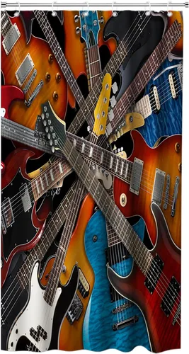Juego de cortinas de ducha musicales de tela con ojales y ganchos, 36 pulgadas de ancho x 72 pulgadas de alto, color marrón, blanco, azul