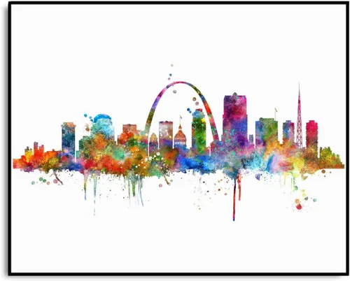 Miniatura 8 de ZEARPT Impresión artística del horizonte de San Luis de Missouri Skyline City Acuarela, papel artístico de San Luis para colgar en la pared, arte