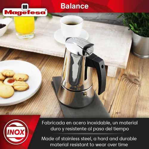 Miniatura 2 de Magefesa Balance - Cafetera de café expreso de acero inoxidable de 6 tazas, cafetera italiana clásica con mango y perilla de baquelita, cafetera