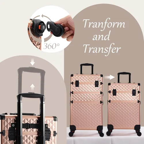 Miniatura 6 de estuche profesional 3 en 1 rodante para maquillaje, estuche de aluminio con ruedas de rotación 360° para artista de maquillaje, maletín cosmético