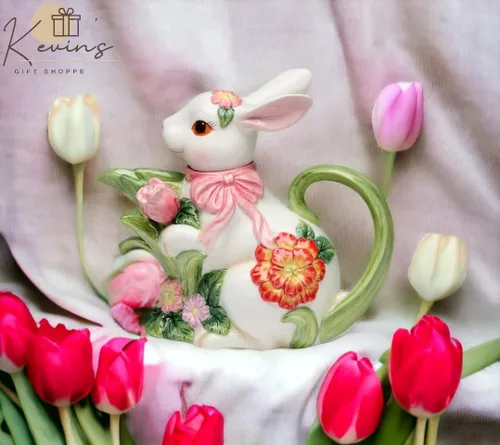 Miniatura 3 de Cosmos Gifts 10445 Tetera de conejo primaveral de cerámica fina con tulipán rosa y flores, 7-5/8" L