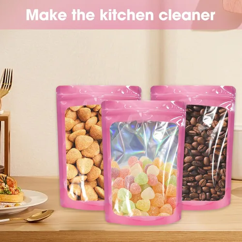 Miniatura 5 de 100 bolsas de Mylar a prueba de olores, bolsa de embalaje resellable con ventana transparente para almacenamiento de alimentos, bolsas de pie