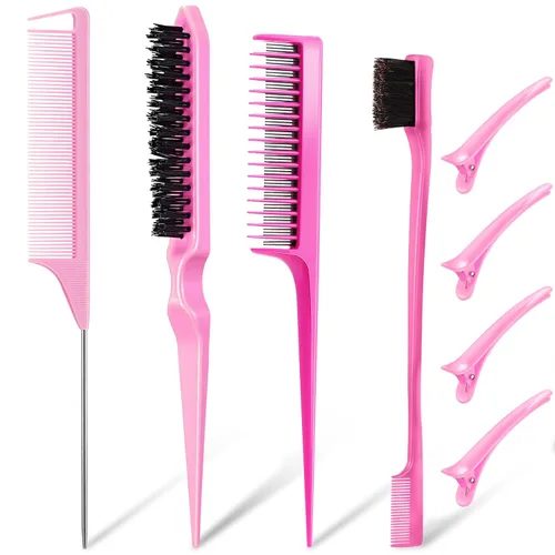 Miniatura 8 de Juego de 8 piezas de peinado para mujeres, niñas y estilistas: cepillo de burlas, cepillo de borde, peine triple, peine de cola de rata con clips