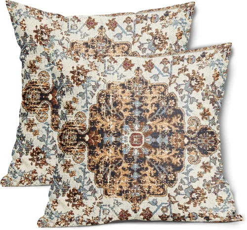 Miniatura 8 de Fundas de almohada boho naranja azul 20x20 pulgadas, juego de 2 fundas de almohada estilo bohemio alfombra vintage étnica para sofá, fundas