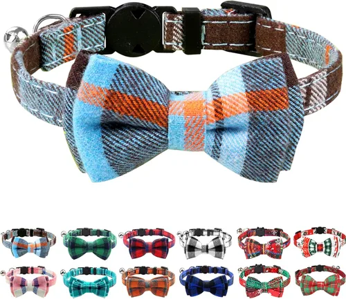 Joytale Collar de gato mejorado con campanas, collares de gato separables con corbatín, 1 paquete de collares de gatito a cuadros de seguridad para