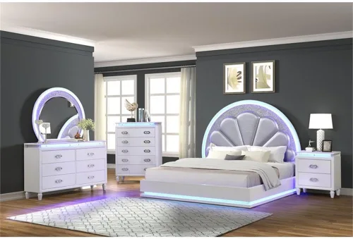 Miniatura 2 de Atlin Designs Cama Queen de madera moderna con cabecero en forma de luna en blanco lechoso