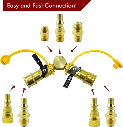 Miniatura 2 de Kit adaptador divisor en Y de propano de 1/4 pulgadas, 2 vías RV a parrilla de conexión rápida/desconexión de manguera de gas LP para cámperes