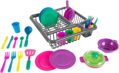 Hey! Play! Juego de platos de juego para niños, juego de vajilla de 27 piezas con escurridor, para juegos de cocina y comida de simulación, juguetes