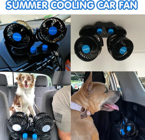 Miniatura 3 de Yerloa Ventilador de coche eléctrico de 12 V, ventilador portátil para automóvil, doble cabeza, rotación de 360 grados, ventilador de aire