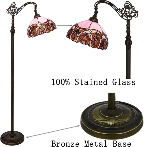 Miniatura 2 de Tiffany - Lámpara de pie con vitrales, 18.88 x 12 x 67 pulgadas, joyería rosa Luz de lectura antigua de cuello de cisne arqueado ajustable