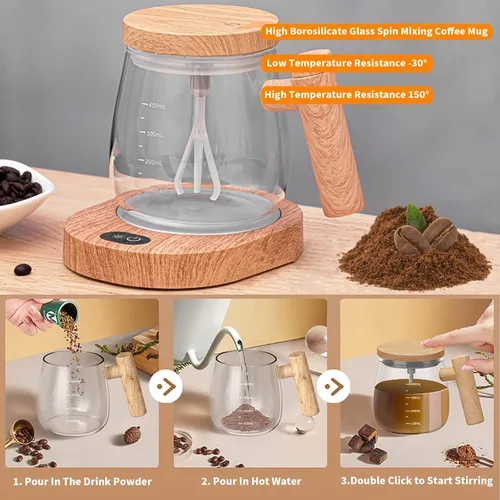 Miniatura 5 de Taza de café autoagitable, taza de mezcla eléctrica de alta velocidad con posavasos termostáticos de 55°, taza mezcladora eléctrica adecuada