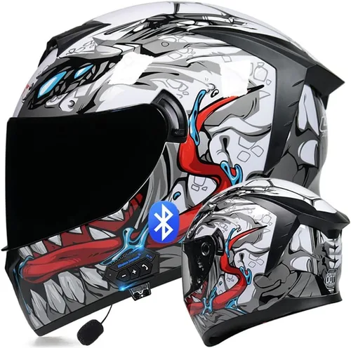 Miniatura 10 de Casco de motocicleta Bluetooth de cara completa abatible con micrófono, diseño de ala trasera aprobado por DOT, reducción de ruido con doble visera