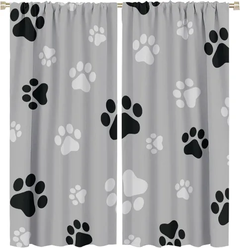 Miniatura 19 de Cortinas opacas con diseño de animales, fondo azul con huellas de perro, huesos y divertido patrón de cachorro, cortinas de sala de estar para niños