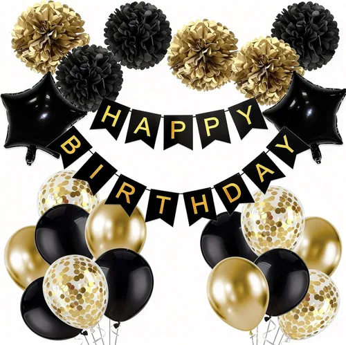 Decoraciones de cumpleaños para hombres, suministros de decoración de fiesta dorado y negro, incluye pancarta de feliz cumpleaños, confeti, globos