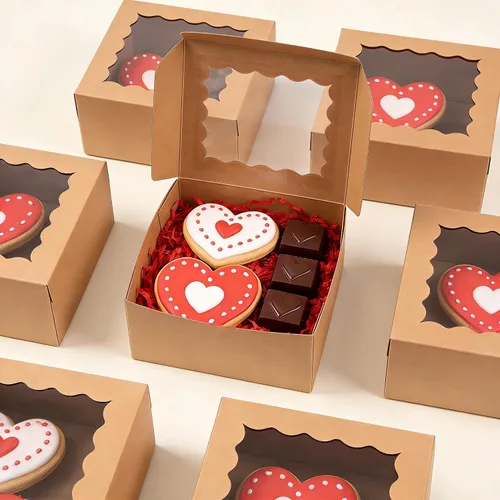 Miniatura 4 de XINHPKGG 100 cajas de galletas de 4 x 4 x 2.5 pulgadas, cajas de panadería con ventana, caja de postre para recuerdos de boda, fiesta, color marrón